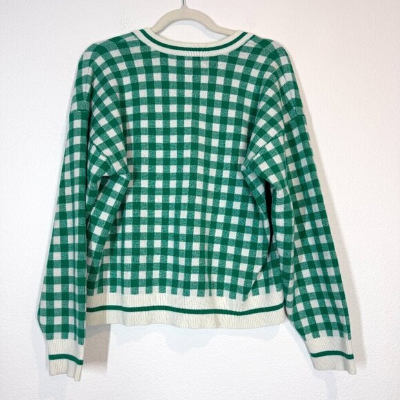 Marled Cardigan Sweater Top Large Green Gingham Check Gold Button Academia - Picture 2 of 6